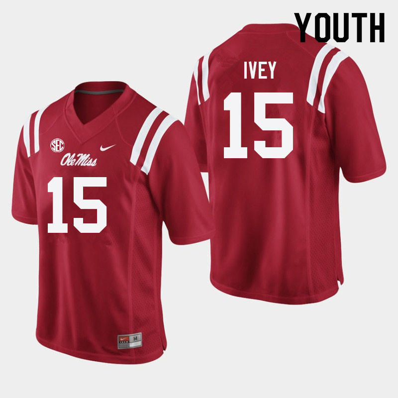 Jared Ivey Ole Miss Rebels NCAA Youth Red #15 Stitched Limited College Football Jersey KCA1858PU